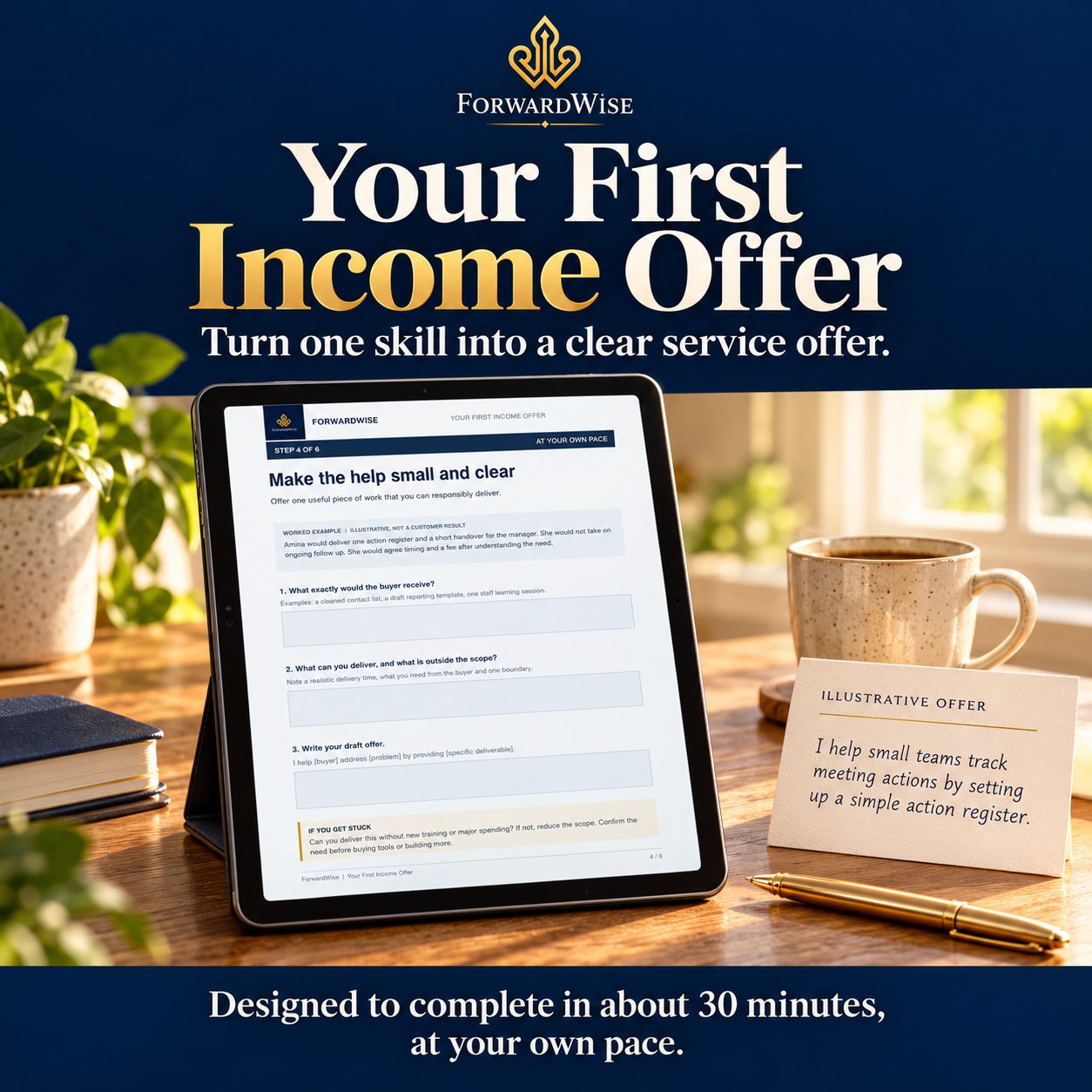 Your First Income Offer by ForwardWise, showing the toolkit on a tablet and an illustrative service offer.